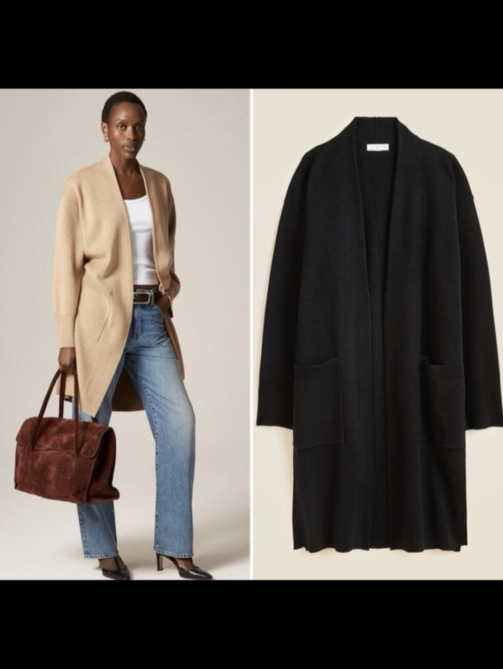 NWT! J Crew Black Cotton Blend Knit Long Open Cardigan W/Side Slits Blazer! L